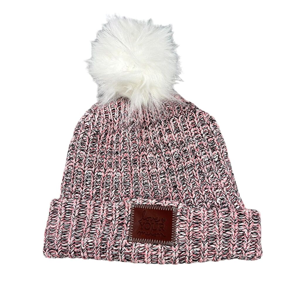 Love Your Melon Cuffed‎ Knit Beanie Pom Pom Pink Black White Marled Made in USA